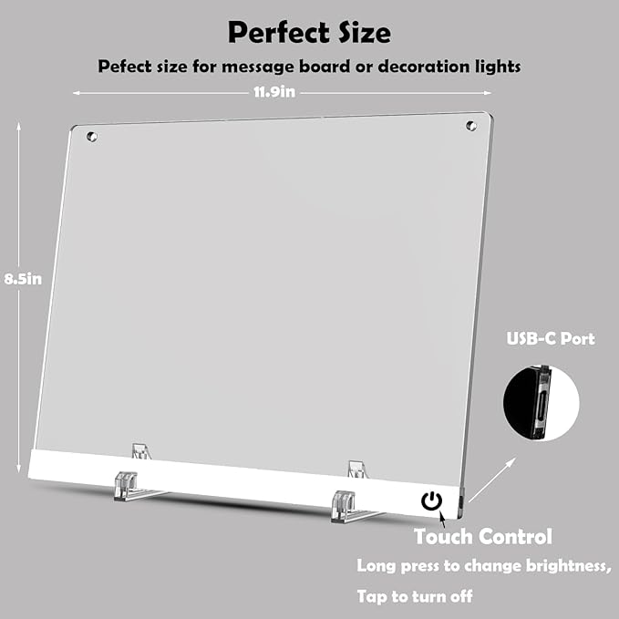 Acrylic Dry Erase Board with Light 11.8"x8.5" Light up Dry Erase Board Brightness Adjustable as Glow Memo LED Letter Message Note Board with Stand Led White Board with 12 Pen for School Home (White)