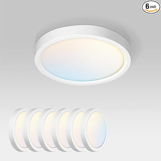 ASD LED 7" Round Flush Mount Ceiling Light Fixture, Low Profile Surface Lighting | 5CCT, Dimmable, Ultra-Thin, ETL Listed | 15W 1260LM 2700-6000K 120V | Kitchen, Bedroom, Hallway Lamp | White, 6 Pack
