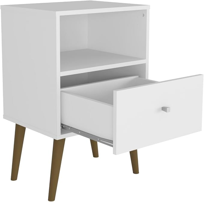 Manhattan Comfort Liberty Mid Century Modern Nightstand with Drawer and Cubby, Bedside Table for Bedroom and Living Room, Night Stand Accent Decor, Easy Assembly, White