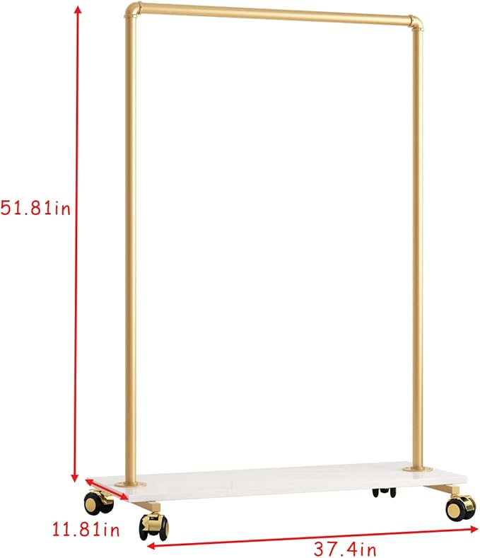 Gold Metal Clothing Rack with Wood Shelf, Heavy Duty Rolling Garment Rack with Wheels for Bedroom Retail Boutique Use (37.4L inches)
