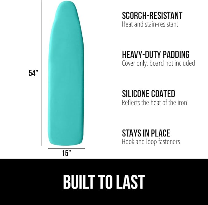 The Original GORILLA GRIP Ironing Board Cover and Pad, Silicone Coating, Thick Scorch Resistant Padding, Heavy Duty Iron Covers Standard Boards, Hook and Loop Fastener Strap, Turquoise, 15x54