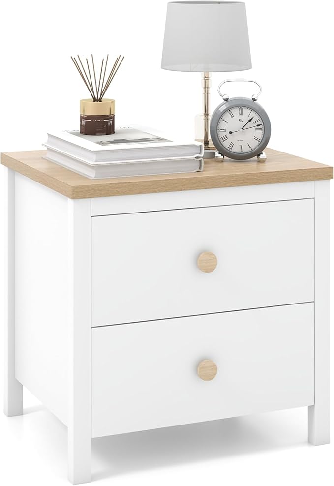 Giantex Night Stand with 2 Drawers, Farmhouse Bedside Table with Cute Round Knobs, Wooden Floor End Table with Rubber Wood Legs, Small Sofa Side Table for Small Space Kids Bedroom College, White