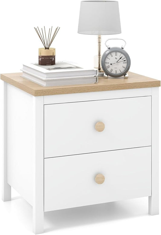 Giantex Night Stand with 2 Drawers, Farmhouse Bedside Table with Cute Round Knobs, Wooden Floor End Table with Rubber Wood Legs, Small Sofa Side Table for Small Space Kids Bedroom College, White