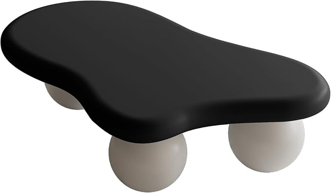 47 Inch Cloud Shaped Coffee Table with 3 Ball Legs for Living Room Black Top White Legs