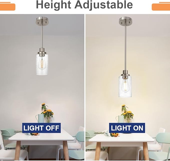 Pendant Light Fixture in Brushed Nickel Finish, 1-Light Modern Hanging Lighting Over Table, Adjustable Kitchen Island Lighting for Hallway Bedroom Office Bar Farmhouse