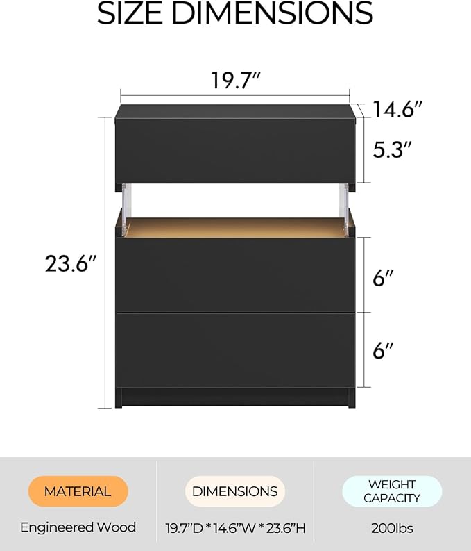 Bingoday LED Nightstand 3 Drawers Nightstand with LED Lights Tall Nightstand for Bedroom LED Bedside Tables for Bedroom Living Room