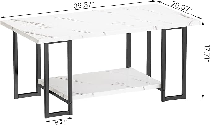 AWQM Marble Coffee Table, Faux Marble Top Rectangular Coffee Table with Black Metal Frame, 2 Tier Living Room Table for Living Room, Office, Balcony, White, 40 Inch