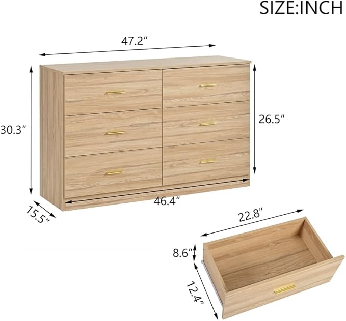 Dresser for Bedroom,Modern 6 Drawer Dresser with Deep Drawer and Gold Handle,Wood Chest of Drawer for Living Room,Hallway,Bedroom Storage Furniture