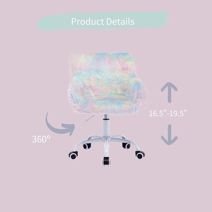 HEAH-YO Swivel Kids Chair, Adjustable Desk Chair with Armrest and Back, Cute Faux Fur Study Chairs for Boys and Girls, Rainbow Color