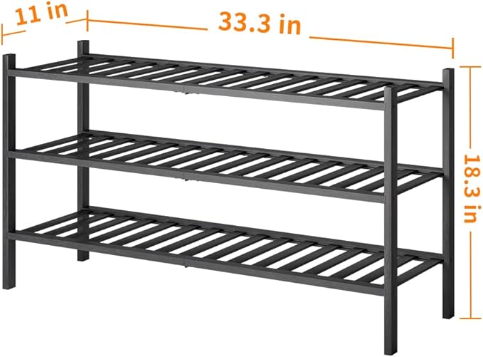 Long Shoe Rack, 3-Tier Bamboo Stackable Shoe Shelf Storage Organizer, Shoe Stand for Closet, Entryway and Hallway