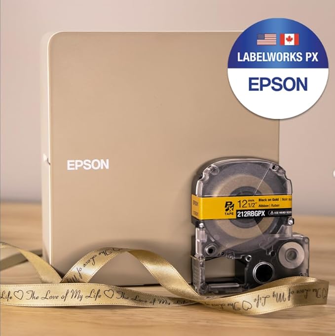 Epson LABELWORKS 212RBGPX Genuine PET (Polyester) Tape Cartridge - Black on Gold Ribbon Designer Craft Label Maker Tape - 1/2" (12MM) Wide, 16'