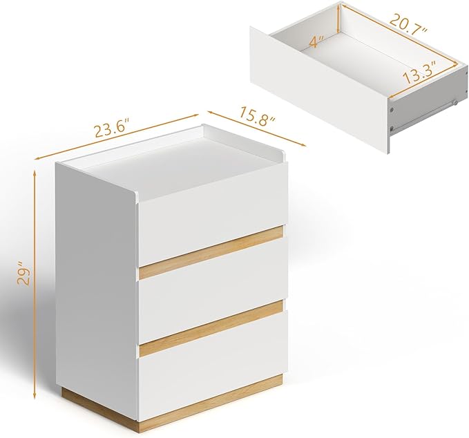 Large Modern Nightstand White Bedside Table, 3 Drawer Dresser Wood Stackable Storage Drawers for Clothes for Closet, Bedroom, 24"x16"x29"