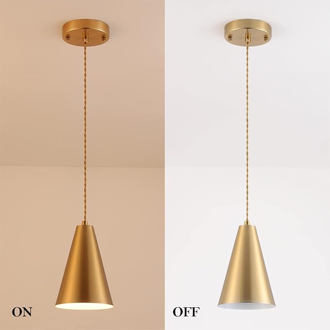 Brass Pendant Lights Kitchen Island,Gold Dining Room Light Fixtures Over Table with Cone Metal Shade, Modern Vintage Mini Chandeliers,Adjustable Cord Hanging Lighting for Bar,Sink.(1 Pack)
