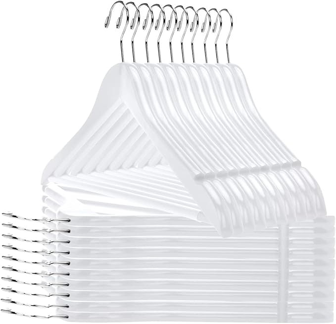 30 Quality Wooden Hangers - Slightly Curved Hanger 30-Pack Sets - Solid Wood Coat Hangers with Stylish Chrome Hooks - Heavy-Duty Clothes, Jacket, Shirt, Pants, Suit Hangers (White, 30), 17.5 inch