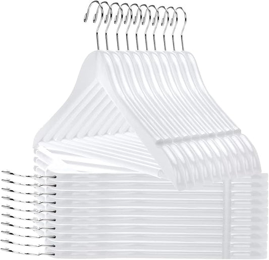 30 Quality Wooden Hangers - Slightly Curved Hanger 30-Pack Sets - Solid Wood Coat Hangers with Stylish Chrome Hooks - Heavy-Duty Clothes, Jacket, Shirt, Pants, Suit Hangers (White, 30), 17.5 inch