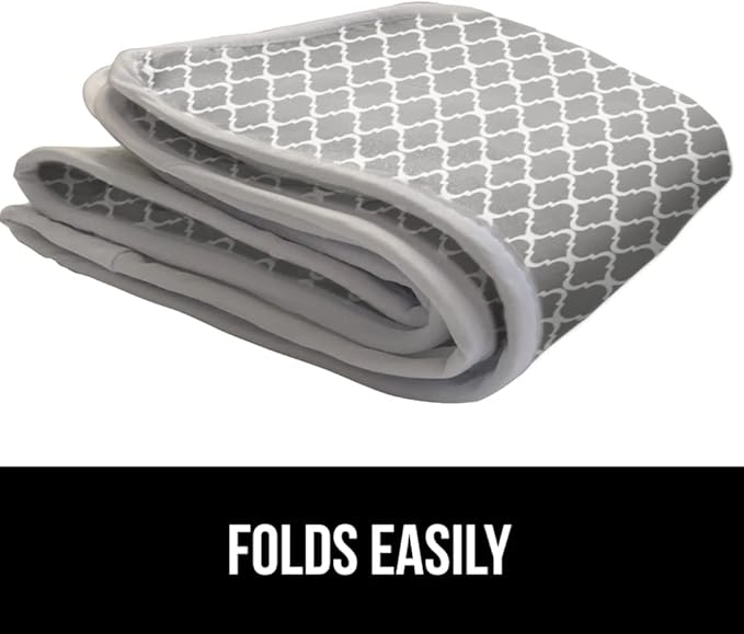 GORILLA GRIP Ironing Mat, Portable Iron Pad, Magnetic Cover and Padding for Top of Washer, Dryer, Tabletop, Countertop, Silicone Coating and Scorch Resistant, Travel Size 28x24, Quatrefoil Gray White