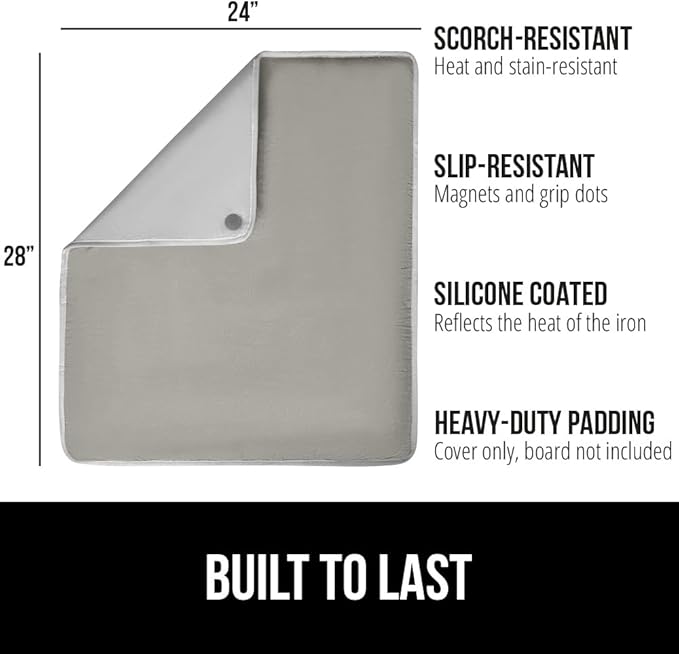 GORILLA GRIP Ironing Mat, Portable Iron Pad, Magnetic Cover and Padding for Top of Washer, Dryer, Tabletop, Countertop, Silicone Coating and Scorch Resistant, Travel Size 28 x 24 in, Silver