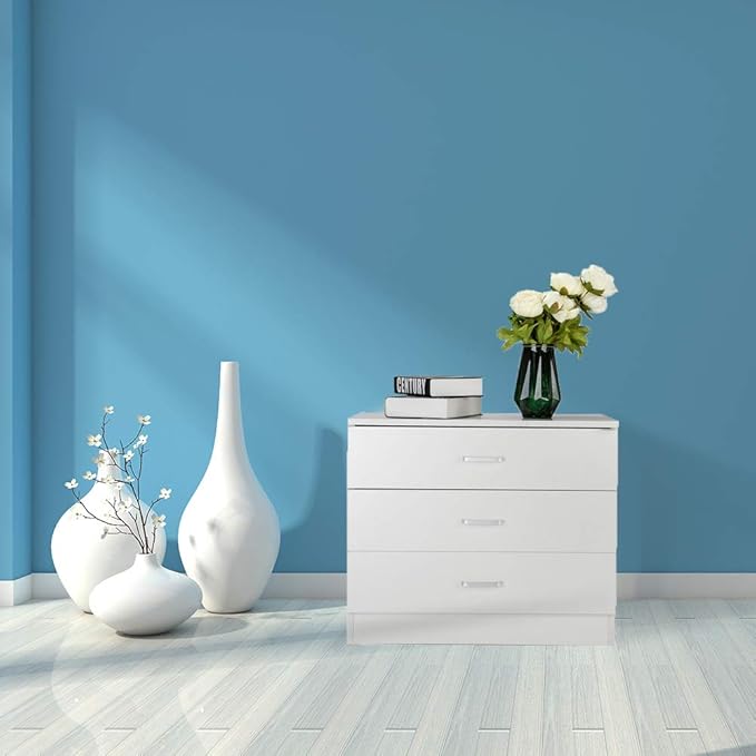 White Night Stand, Bedside Table/Nightstand with 3 Drawers, Compact Side Table for Bedroom, College Dorm & Living Room, Wooden End Table Bedroom