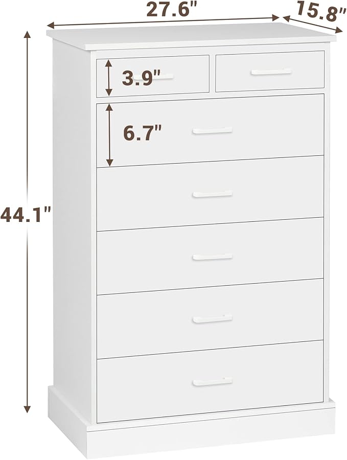 EPHEX White Tall Dresser with 7 Drawers for Bedroom, Storage Tower Clothes Organizer, Modern Chest of Drawers with Sturdy Pedestal, 27.6'' W x 15.8'' D x 44.1'' H