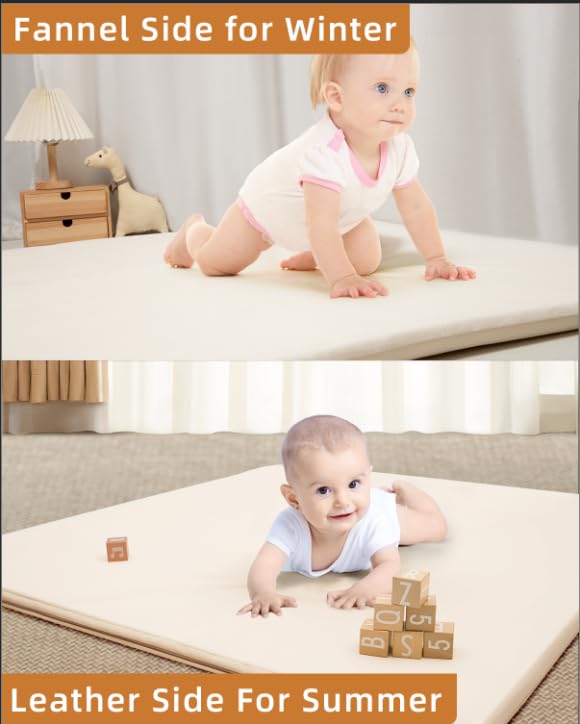 Flannel & PU Leather Baby Play Mat – Padded Baby Play Mat for Floor,1.2" Thick 50x50 Playpen Crawling Mat with Removable Washable Cover,Non Slip Soft Nursery Rug for Toddlers,Infants,Kids, Easy to Clean Yoga Mat