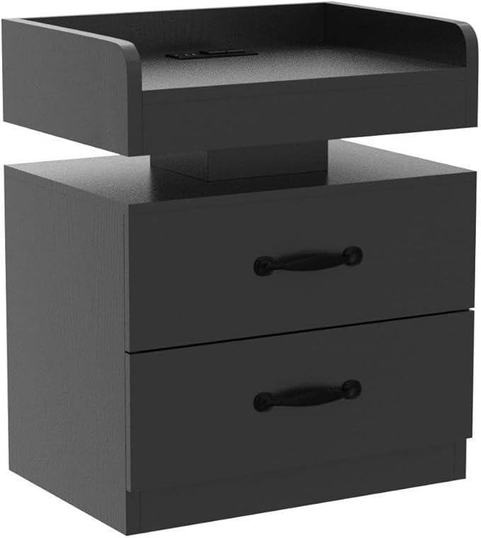 Black Nightstand with Charging Station, Night Stand with LED Lights, Modern Led End Table, Nightstand for Bedroom, Night Stand with 2 Drawers, Bed Side Table with Storage for Living Room