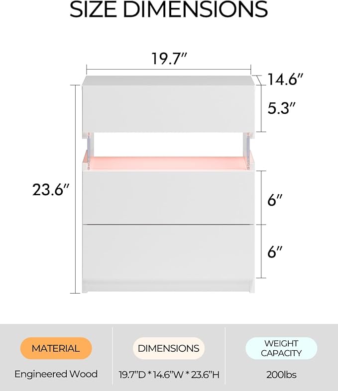 Bingoday LED Nightstand 2 Nightstands Bedroom set of 2 Bedroom Night Stands with Drawers Modern Bedside Table with 3 Drawers