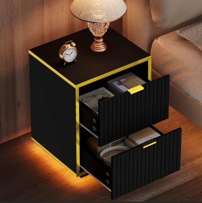 4ever2buy Black Nightstand with LED Lights, Morden Bedside Table with Gold Frame, Fluted Nightstand with Drawers, 18 Inch Night Stand with Storage, Side Table for Bedroom, Black and Gold