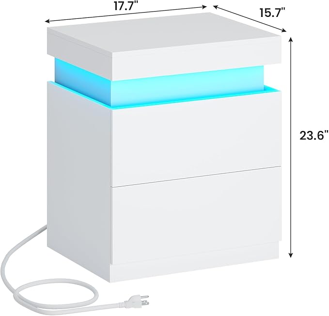 ADORNEVE White Nightstand Set of 2,Night Stand with Charging Station & LED Light & Sliding Top,Bedside Table with Drawers,Modern Bed Side Tables Bedroom