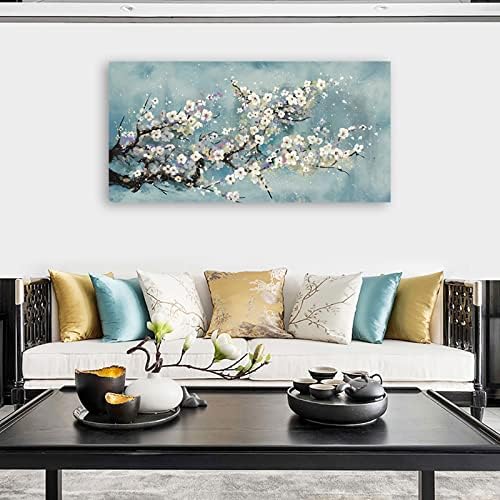 Flowers Wall Art Plum Blossom Canvas Art Botanical Floral Canvas Pictures Grey Blue Canvas Artwork for Bedroom Living Room Bathroom Kitchen Office Home Wall Decor Framed Ready to Hang 20" x 40"