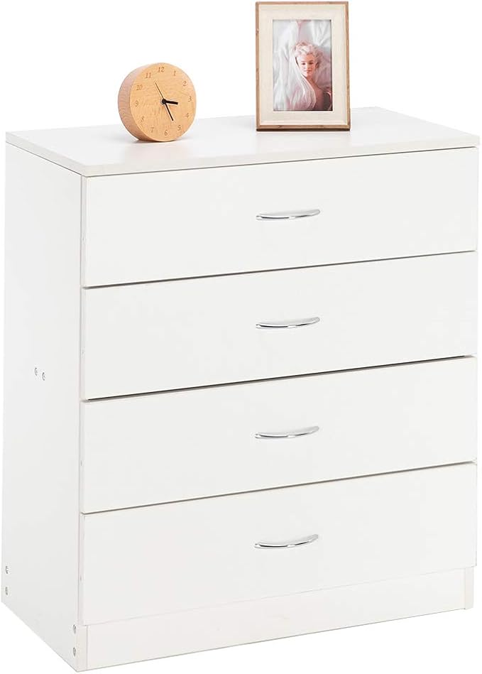White Night Stand, Bedside Table/Nightstand with 4 Drawers, Compact Side Table for Bedroom, College Dorm & Living Room, Wooden End Table Bedroom