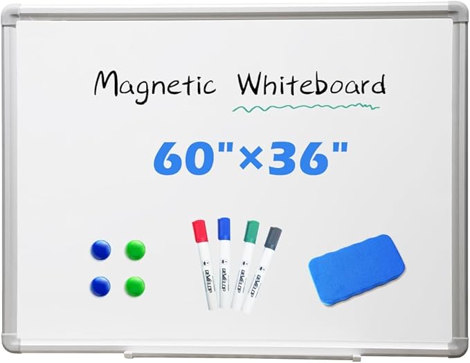 DEVELOP Large Magnetic Dry Erase Board, 60" X 36", Hanging Whiteboard for Home Office School Supplies, Silver Aluminium Frame with Detachable Marker Tray, 4 Markers, 1 Eraser and 4 Magnets