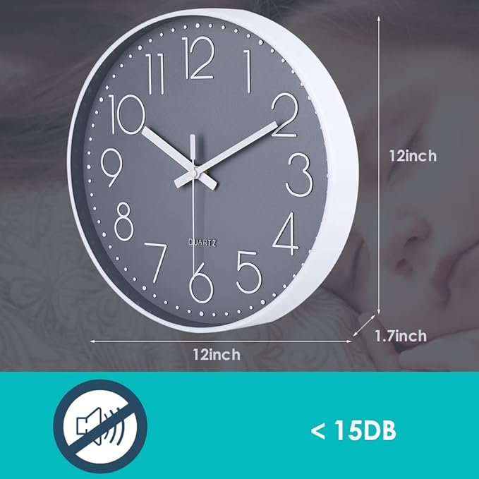 jomparis Wall Clock 12 Inch Non-Ticking Silent Battery Operated Round Wall Clock Modern Elegant Simple Style Decor Clock for Home/Office/School/Kitchen/Bedroom/Living Room
