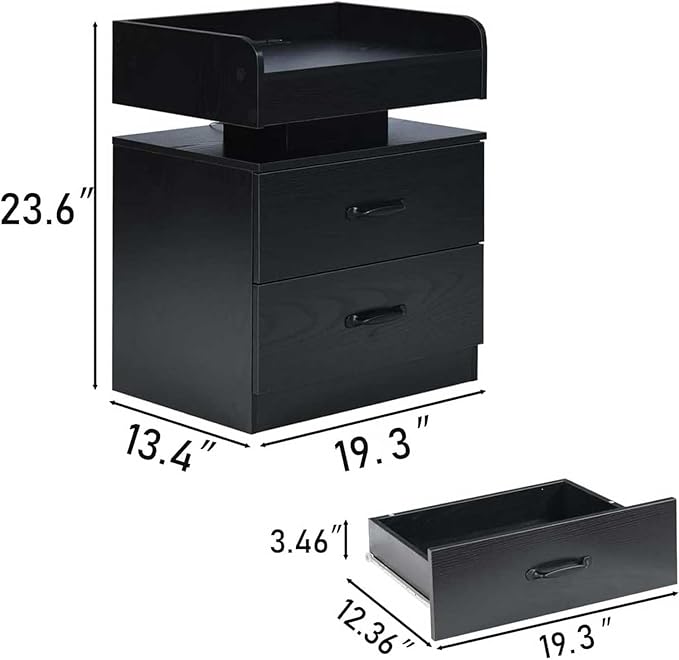 Black Nightstand with Charging Station, Night Stand with LED Lights, Modern Led End Table, Nightstand for Bedroom, Night Stand with 2 Drawers, Bed Side Table with Storage for Living Room