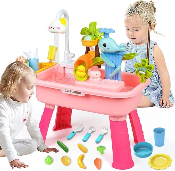 Water Table for Toddlers 1-3, Water Table for Kids Ages 4-8 with Pump, Play Sink with Running Water, Kitchen Sink for Toddlers, Fishing Game and Outside Sensory Toys (Pink)