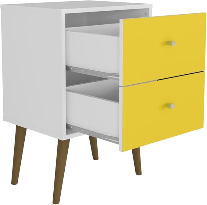 Manhattan Comfort Liberty Mid Century Modern Nightstand with Drawers, Bedside Table for Bedroom and Living Room, Night Stand Accent Decor, Easy Assembly, White/Yellow