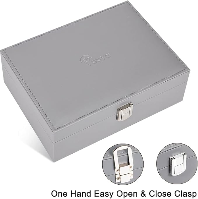 Voova Jewelry Box Organizer for Women Girls, 2 Layer Large Men Storage Case, PU Leather Display Jewellery Holder with Removable Tray for Necklace Earrings Rings Bracelets, Vintage Gift,Grey