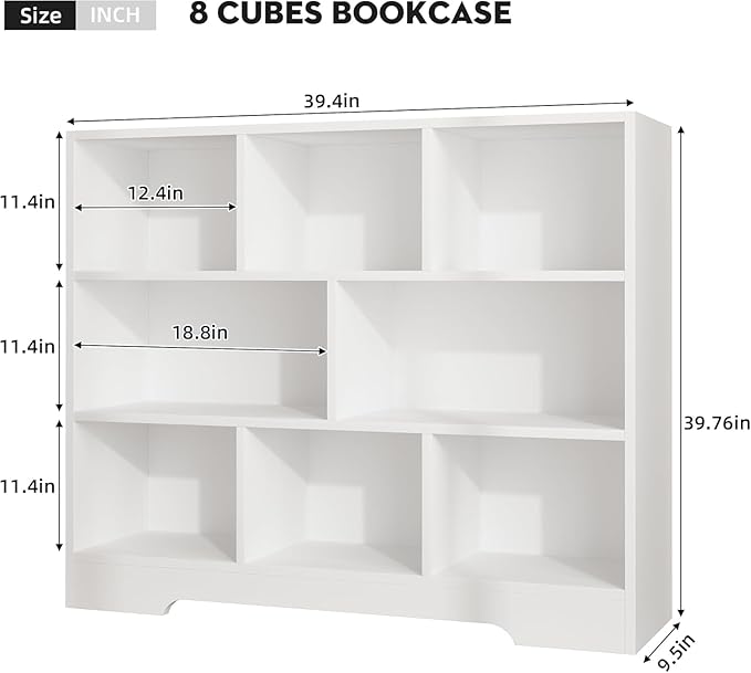 Kids Book Shelf Set of 2, 8 Cubes Storage Organizer Montessori Bookshelf, 3-Tier Wooden Kids Bookcase, Toy Storage Organizer for Children, White Toddler Bookshelf Cube Shelf for Kid’s Room