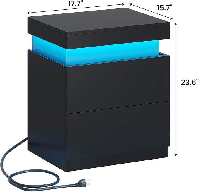 ADORNEVE Black Nightstand Set of 2,Night Stand with Charging Station & LED Light & Sliding Top,Bedside Table with Drawers,Modern Bed Side Tables Bedroom
