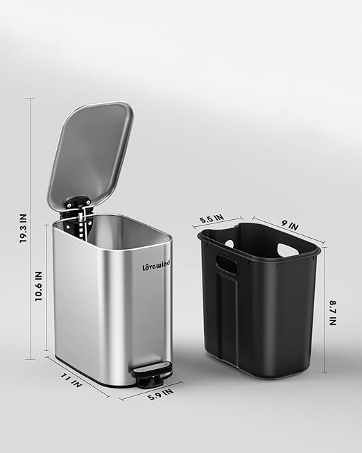LOVEWIND Bathroom Trash Can with Lid, 1.6 Gallon/ 6 Liter Stainless Steel Garbage Can with Removable Inner Bucket, Step Pedal Wastebasket-Narrow Waste Bin for Bathroom, Toilet, Office, Bedroom, Silver
