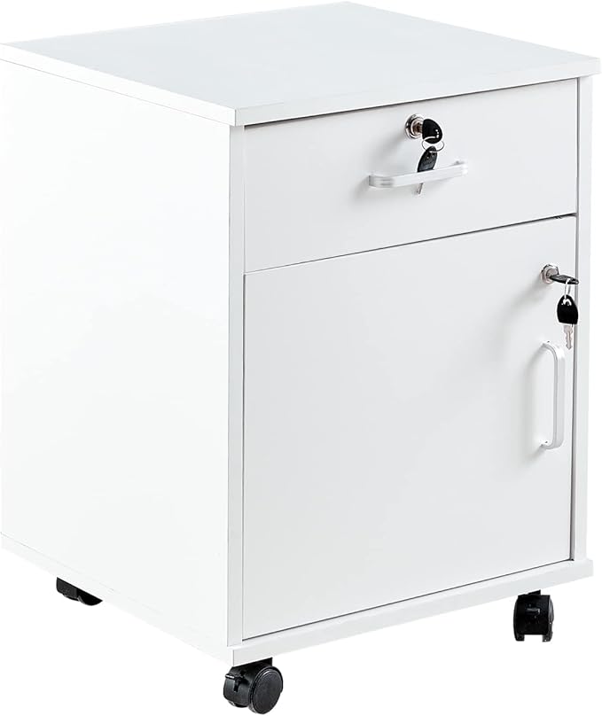 CLIPOP Rolling Storage Cabinet with Drawer, Home Office Cabinet with Lock, Under Desk Storage Cabinet for Home Office (White)