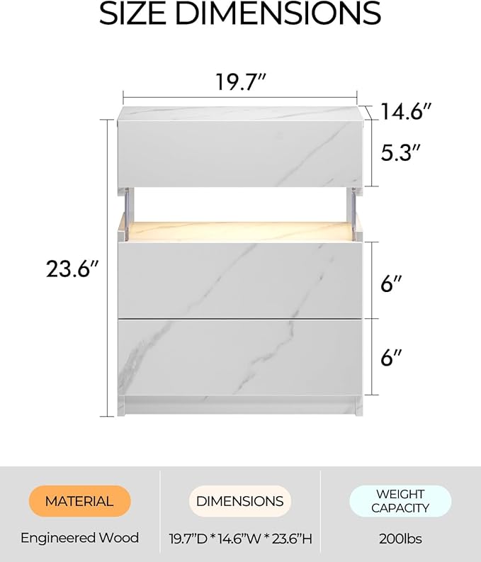 Bingoday Nightstand with LED Lights LED Bedside Tables LED Nightstand for Bedroom Modern Night Stand with 3 Drawers