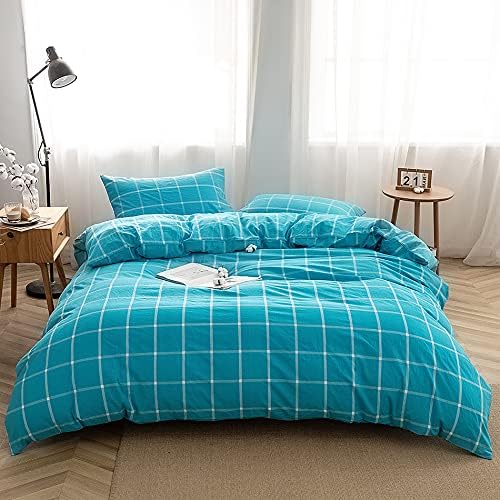 FACE TWO FACE Bedding Duvet Cover Set 3 Pieces 100% Washed Cotton Duvet Cover Linen Like Textured Breathable Durable Soft Comfy (Queen, Turquoise Grid)