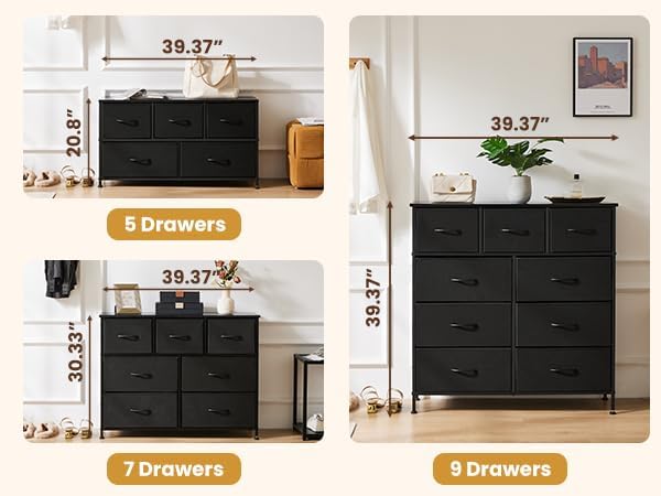 DUMOS Dresser for Bedroom, 5 Storage Drawers, Wide Fabric Closet Chests Organizer Tower Furniture with Wooden Top Metal Frame for Clothes, Guest Room, Living Room, Hallway, Entryway