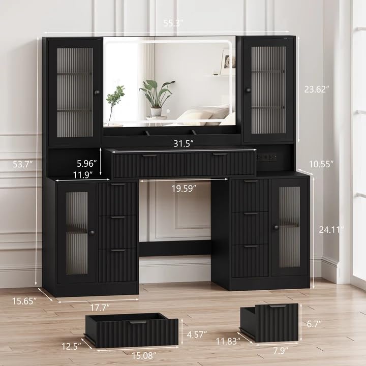 Fluted Makeup Vanity Desk with Mirror and Lights, 55" Glass Top Vanity with 8 Drawers & 4 RGB Glass Cabinets, Adjustable Shelves & Power Outlet, Modern Dressing Table Set for Women Girls Bedroom