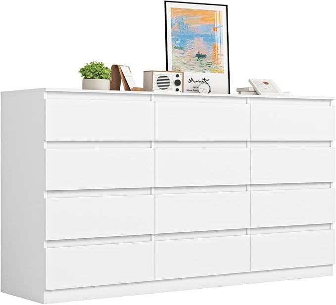 White Dresser for Bedroom,Modern Long 12 Drawer Dresser with Deep Drawer,Wood Storage Chest of Drawer, Bedroom Storage Organizer,TV Stand for Living Room