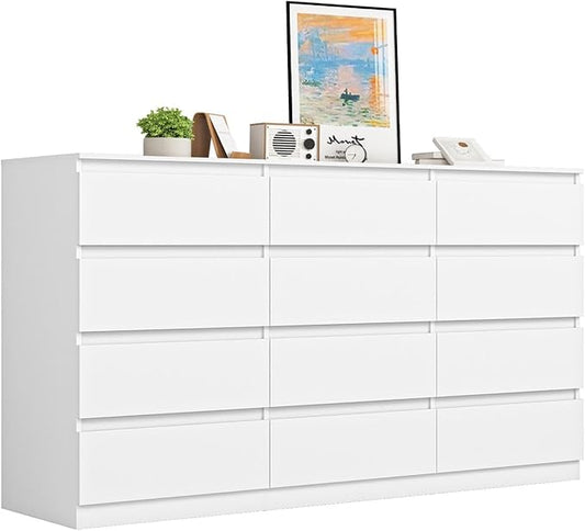 White Dresser for Bedroom,Modern Long 12 Drawer Dresser with Deep Drawer,Wood Storage Chest of Drawer, Bedroom Storage Organizer,TV Stand for Living Room