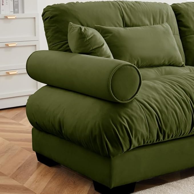 Ball & Cast 166" U Shaped Couch Sectional Couch,4 Seater Modular Couchs with Round Bolster Armrest,6 Pillows,Waist Pillows,Modern Corner Sofa w/ 2 Removable Ottomans,for Living Room,Olive Green