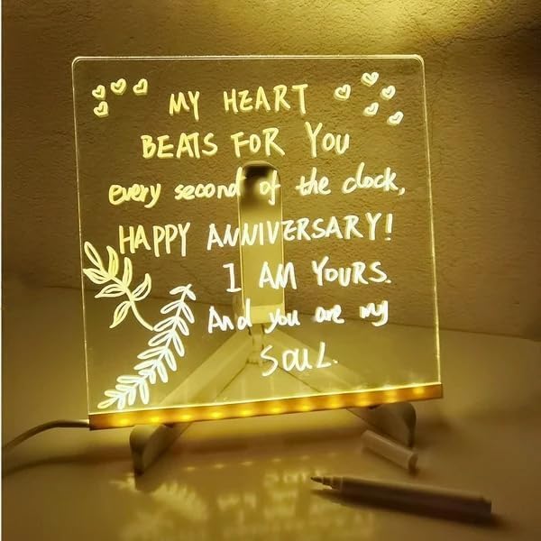 LED Note Board with Colors, Acrylic Dry Erase Board with Light and 7 Colorful Pens, Light up Dry Erase Board with Stand for Family/Office/School/bar/Cafe (7.9 X 7.9”)