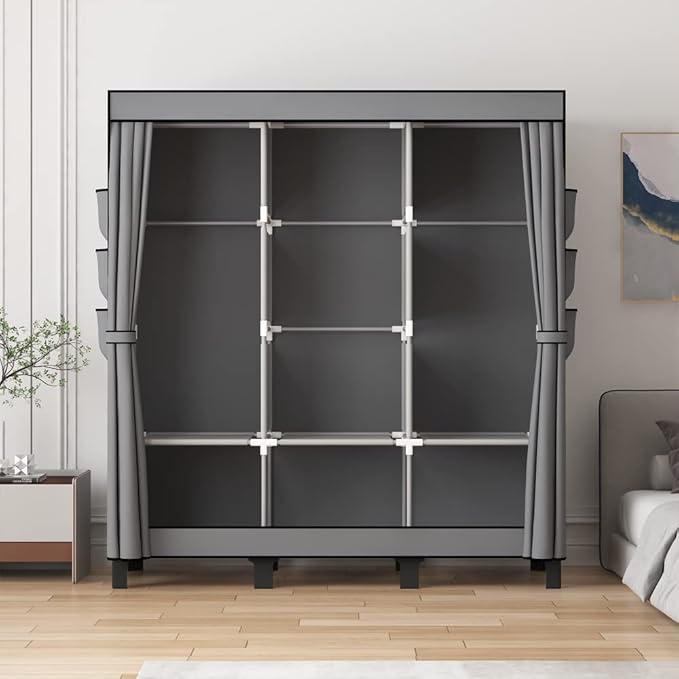 Portable Wardrobe, Clothes Organizer, Easy Hanger Wardrobe, Multiple Dividers and 3 Drawers, 6 Side Pockets Large Capacity (Grey)