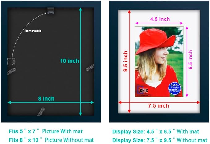 RPJC 8x10 inch Picture Frame Made of Solid Wood and High Definition Glass Display Photo 5x7 with Mat or 8x10 Without Mat for Wall Mounting Jazz Blue